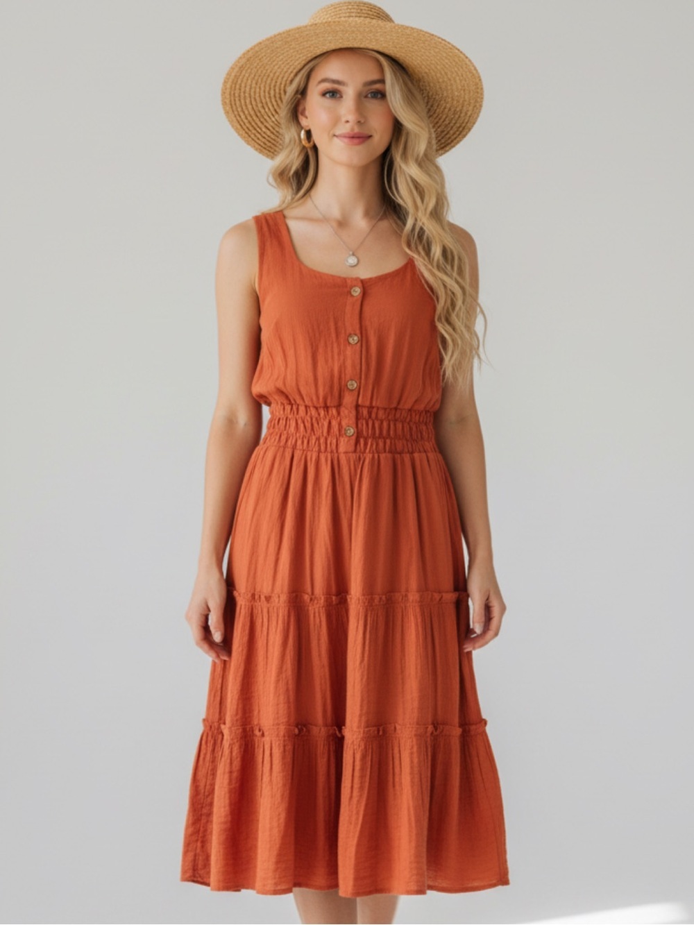 Burnt orange Sleeveless Button-Front Dress